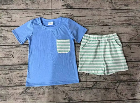 Baby/Toddler Boys Blue Short Sleeve Green Stripe Shorts Set