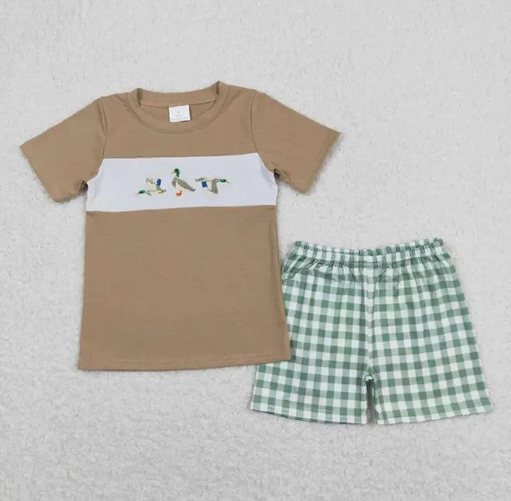 Baby/Toddler Boys Light Brown Duck Shirt Green Checkered Short Set