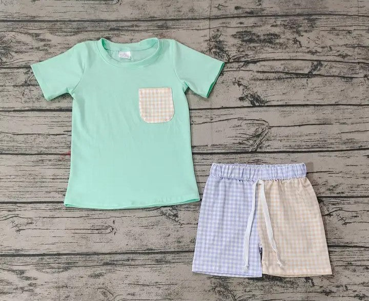 Baby/Toddler Boys Green Pocket Tee Checkered Shorts Set