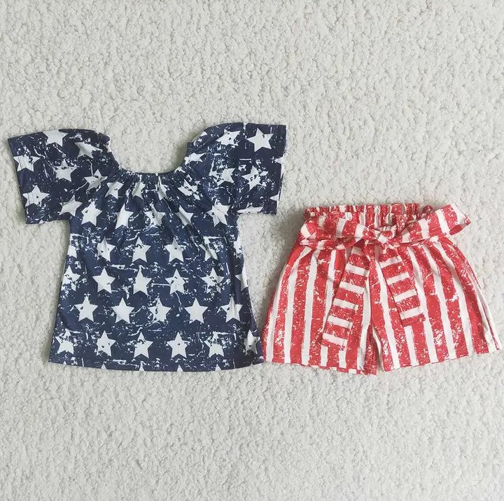 Baby/Toddler Girls 4th of July Star Top and Red Stripe Shorts with a Belt Set