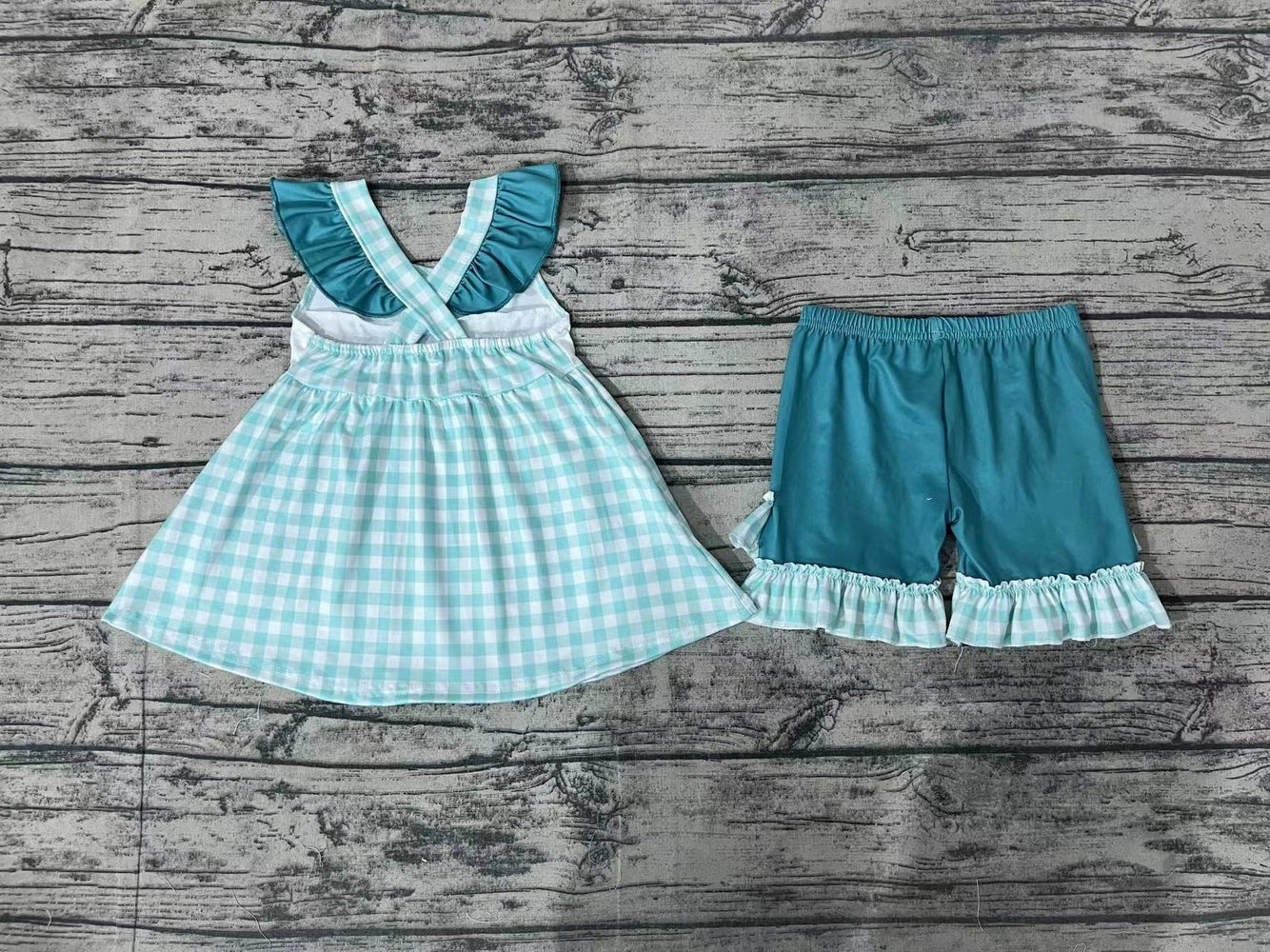 Baby/Toddler Girls Green Checkered Line Man Tunic Top Ruffle Short Set