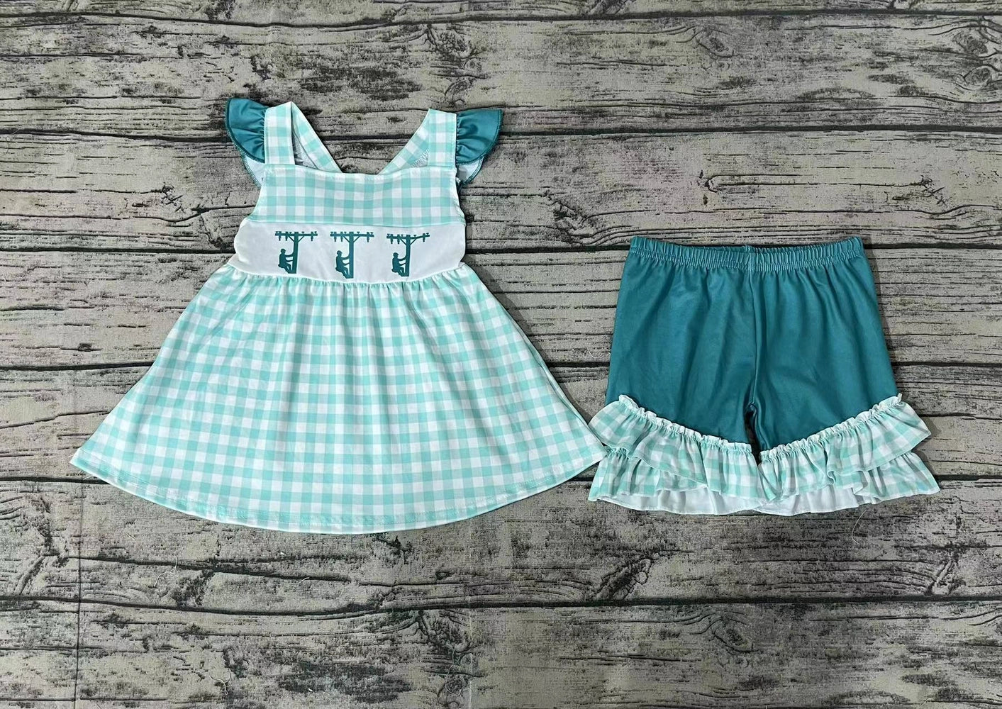 Baby/Toddler Girls Green Checkered Line Man Tunic Top Ruffle Short Set