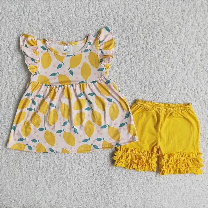 Baby/Toddler Girls Lemon Ruffle Top with Yellow Ruffle Shorts Set