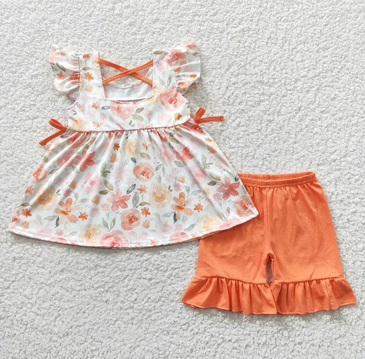 Baby/Toddler Girls Orange Floral Mama's Girl Top with Orange Ruffle Shorts Set