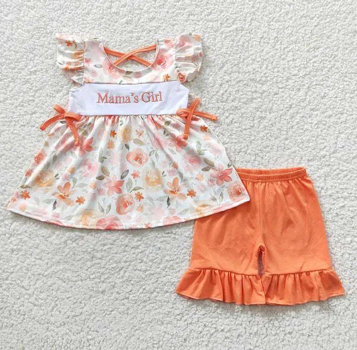 Baby/Toddler Girls Orange Floral Mama's Girl Top with Orange Ruffle Shorts Set