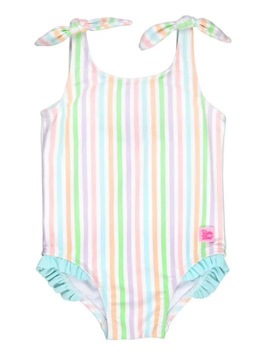 Baby/Toddler Girls Pale Rainbow Strip Tie Shoulder One Piece Swimsuit