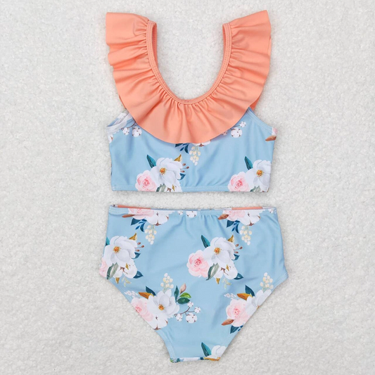 Baby/Toddler Girls Blue Floral Ruffle Top 2-Piece Swimsuit