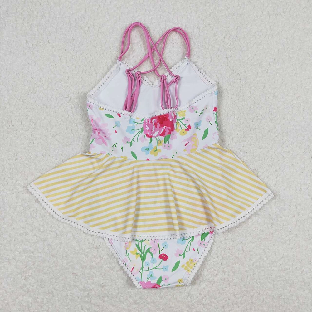 Baby/Toddler Girls Pink Flower Yellow Stripe Ruffle One Piece Swimsuit