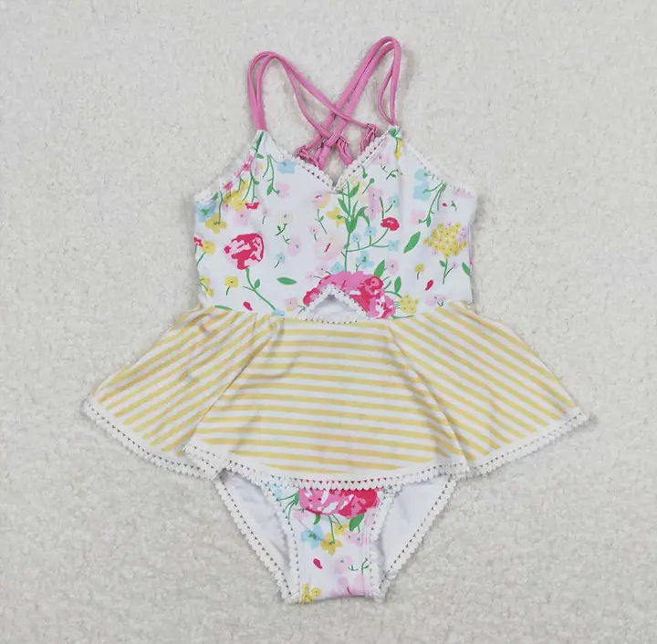 Baby/Toddler Girls Pink Flower Yellow Stripe Ruffle One Piece Swimsuit