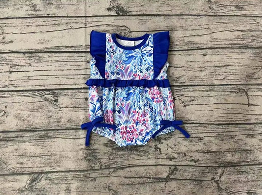 Baby/Toddler Girls Blue Flowers with Ruffle Sleeves and Bows Bodysuit