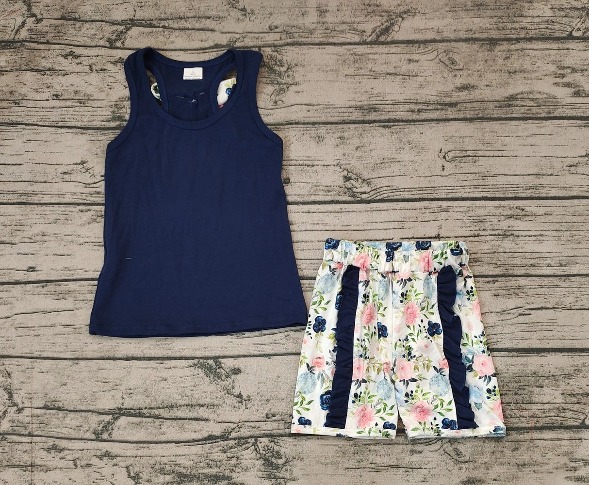 Baby/Toddler Girls Sleeveless Navy Top Floral Ruffle Short Set