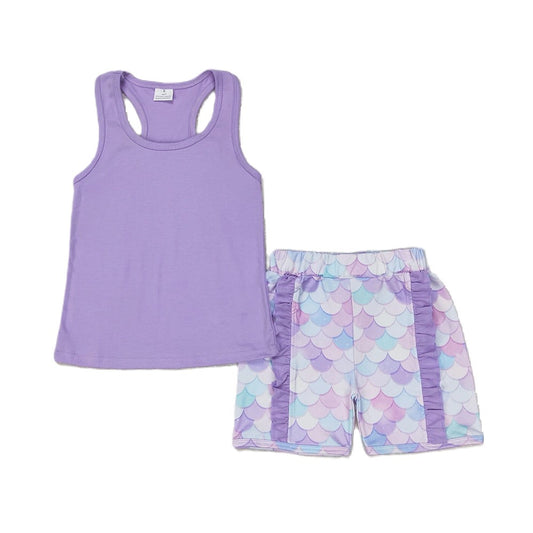 Baby/Toddler Girls Sleeveless Purple Top Fish Scale Ruffle Short Set