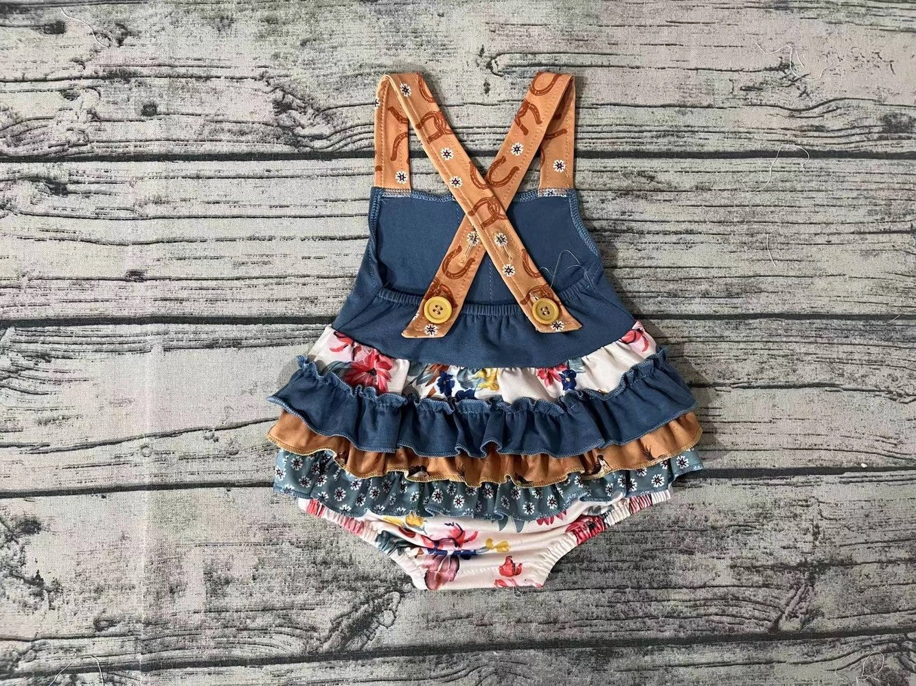 Baby/Toddler Girls Western Ruffle Flowers Strap Romper