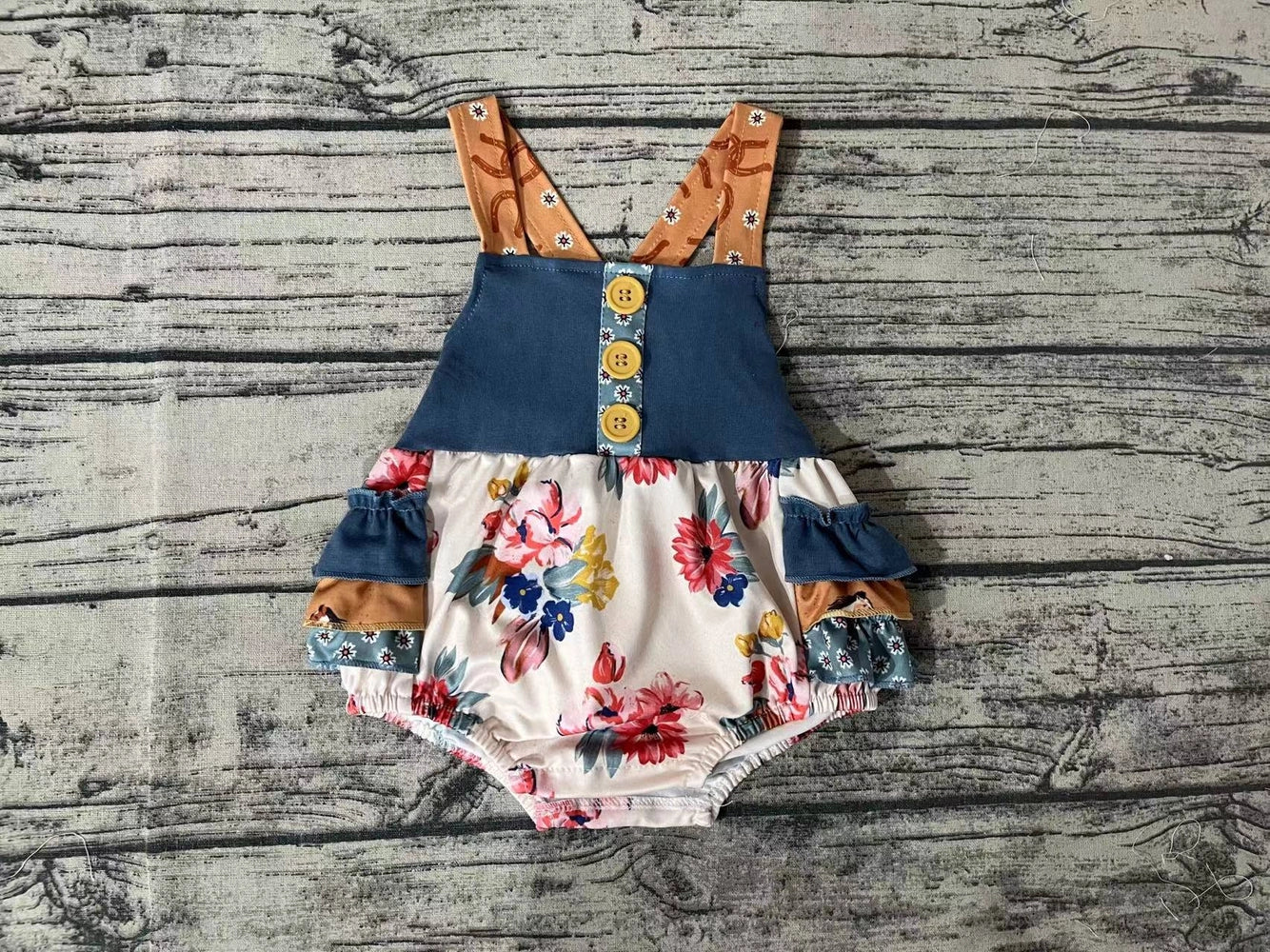 Baby/Toddler Girls Western Ruffle Flowers Strap Romper