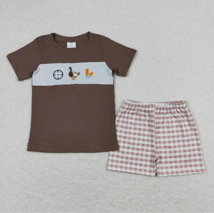 Baby/Toddler Boys Dark Brown Duck Shirt Brown Checkered Shorts Set