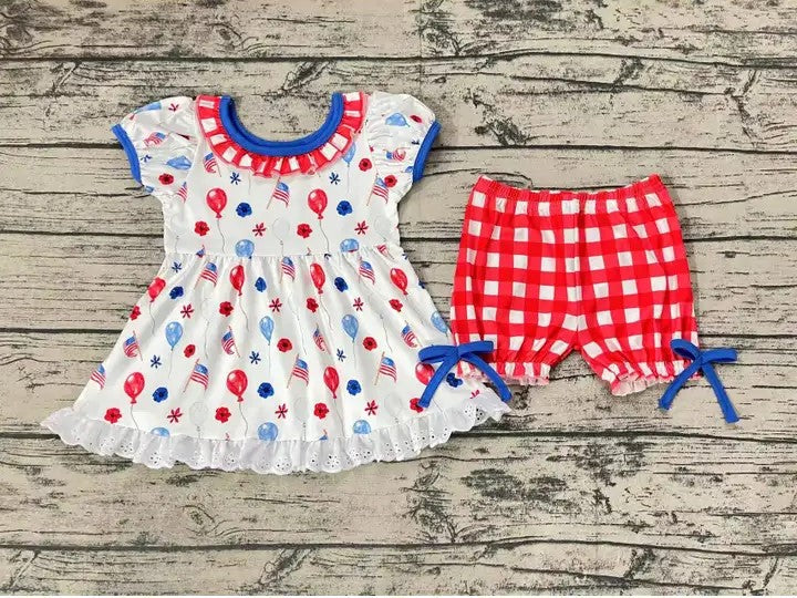 Baby/Toddler Girls 4th of July Ballon Tunic Top Plaid Short Set