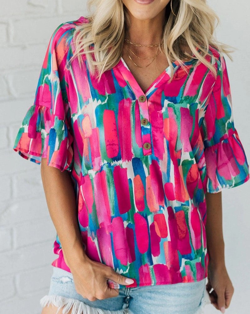 Women's Abstract Brushwork V-Neck Blouse