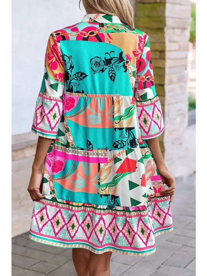 Women's Boho Abstract Print Flowy Tiered Dress