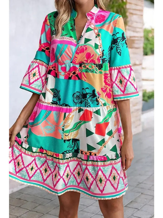 Women's Boho Abstract Print Flowy Tiered Dress