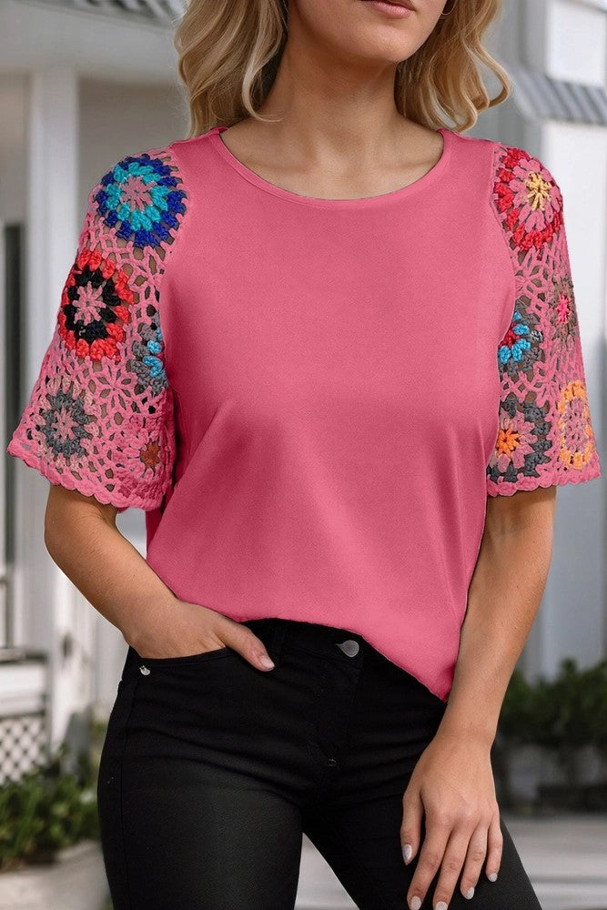 Women's Floral Crochet Short Sleeve Blouse