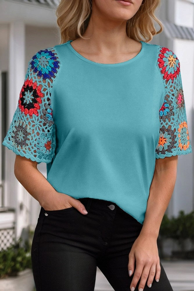 Women's Floral Crochet Short Sleeve Blouse