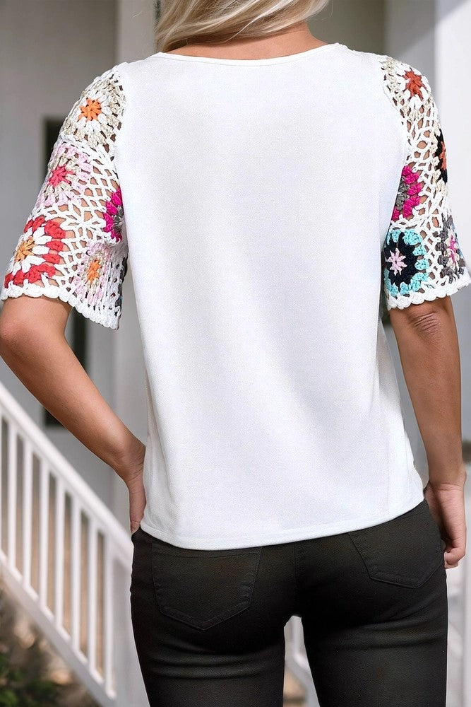 Women's Floral Crochet Short Sleeve Blouse