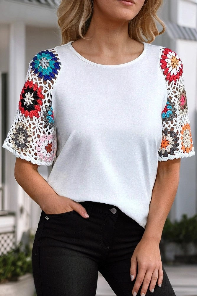 Women's Floral Crochet Short Sleeve Blouse