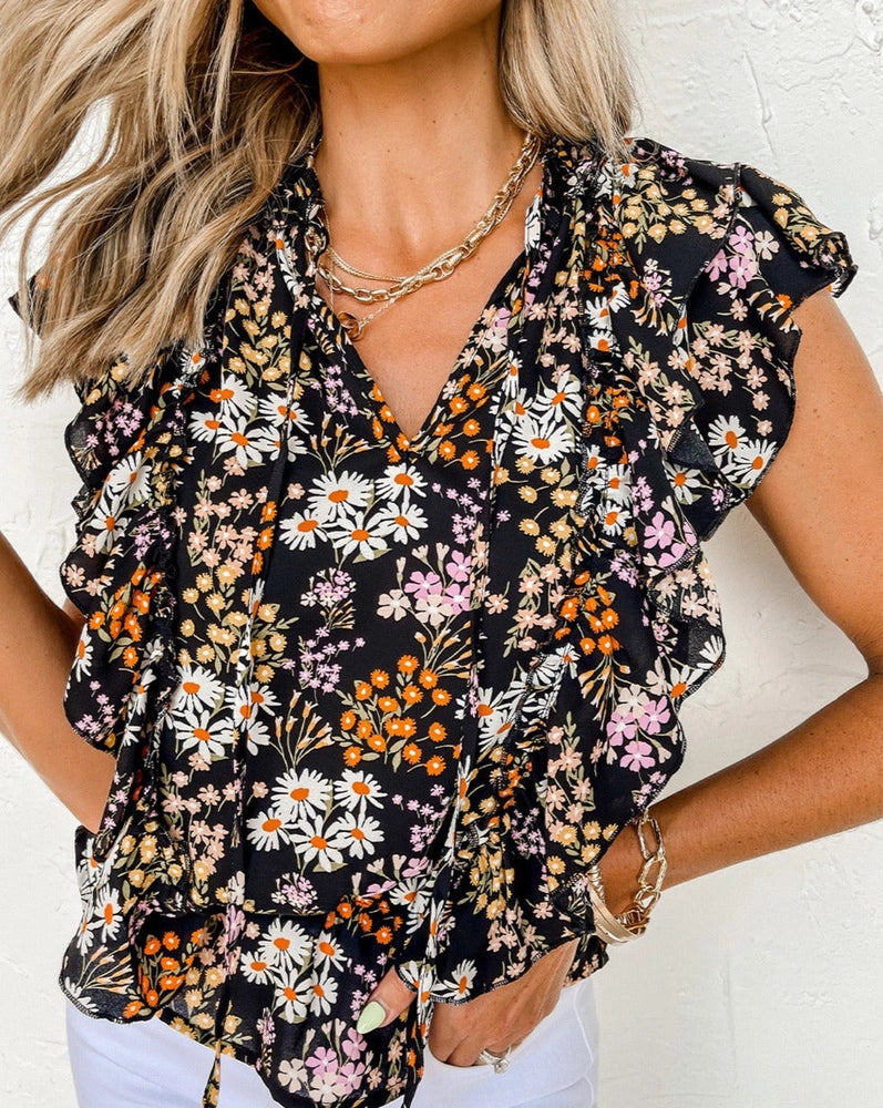 Women's Floral Ruffle Tied Spilt Neck Blouse