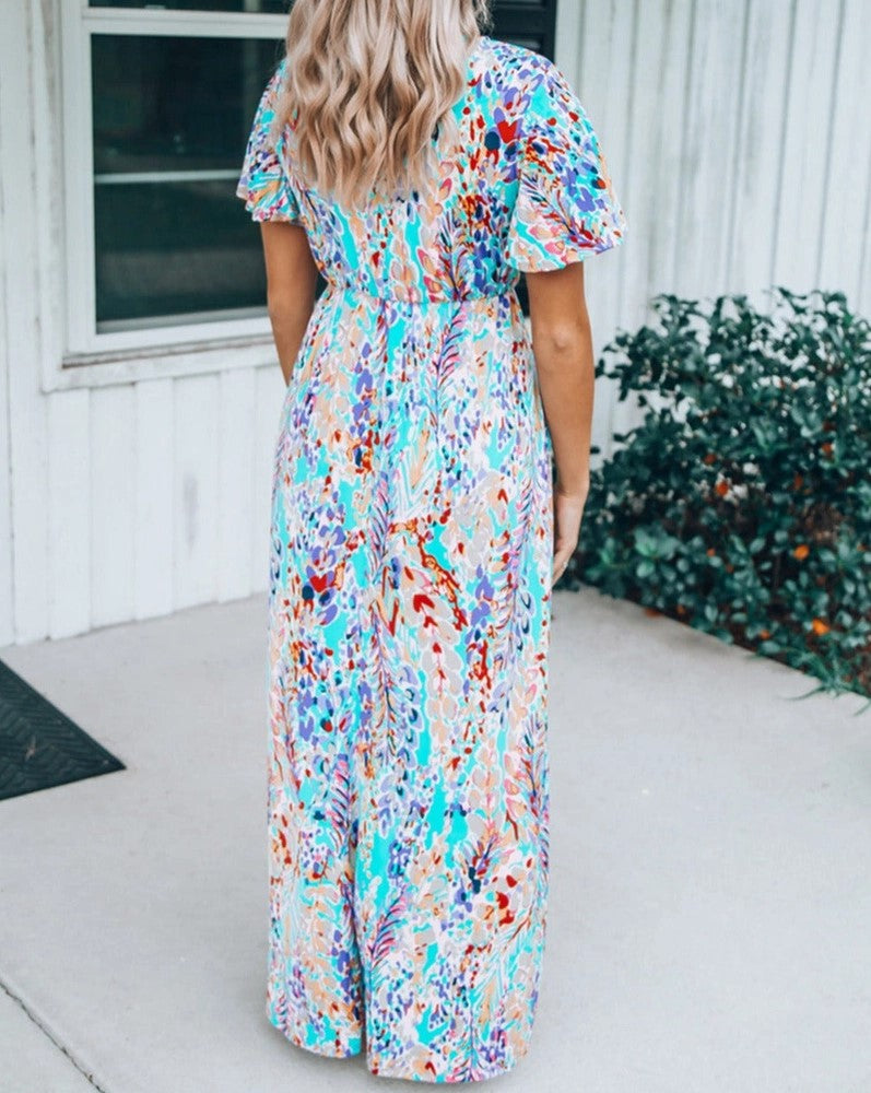 Women's Green Floral Wrap V-Neck Maxi Dress