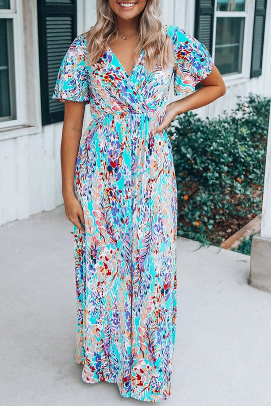 Women's Green Floral Wrap V-Neck Maxi Dress