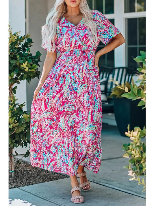 Women's Red Floral Wrap V-Neck Maxi Dress