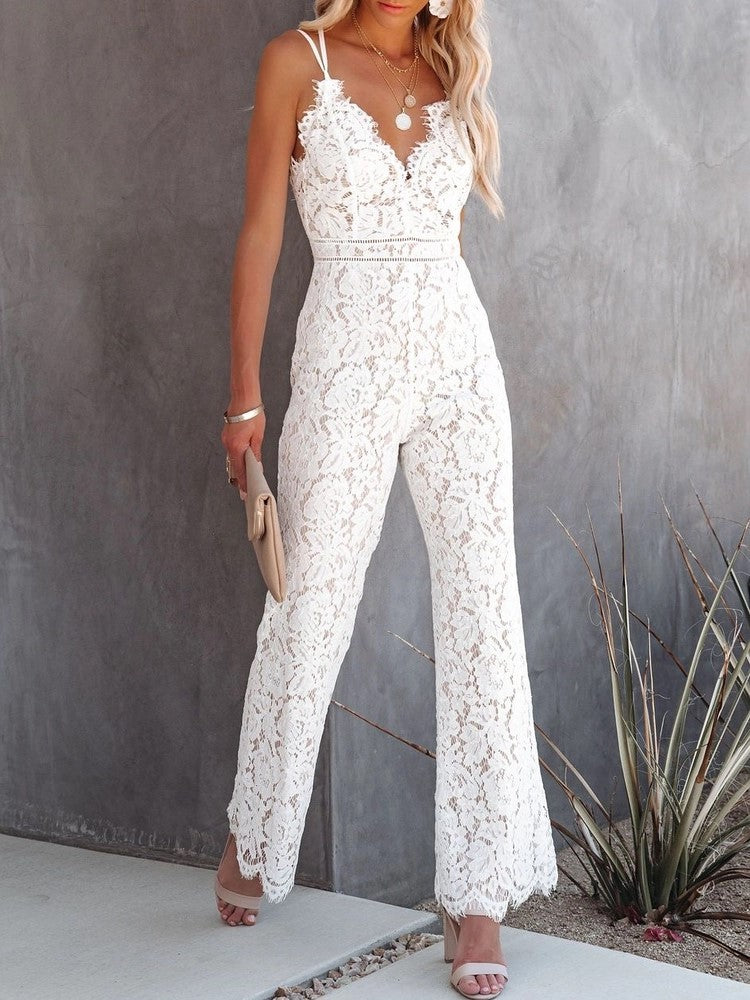 Women's Lace Mid Rise Causal Smooth Lined Jumpsuit