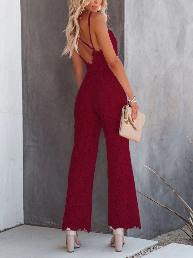 Women's Lace Mid Rise Causal Smooth Lined Jumpsuit