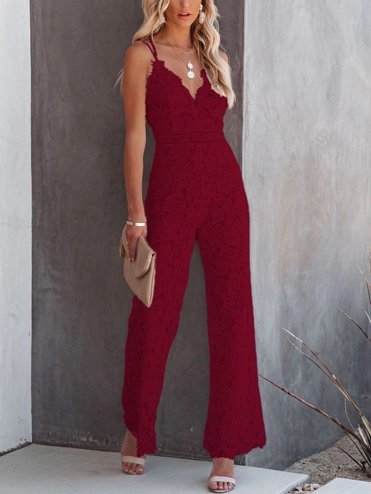 Women's Lace Mid Rise Causal Smooth Lined Jumpsuit