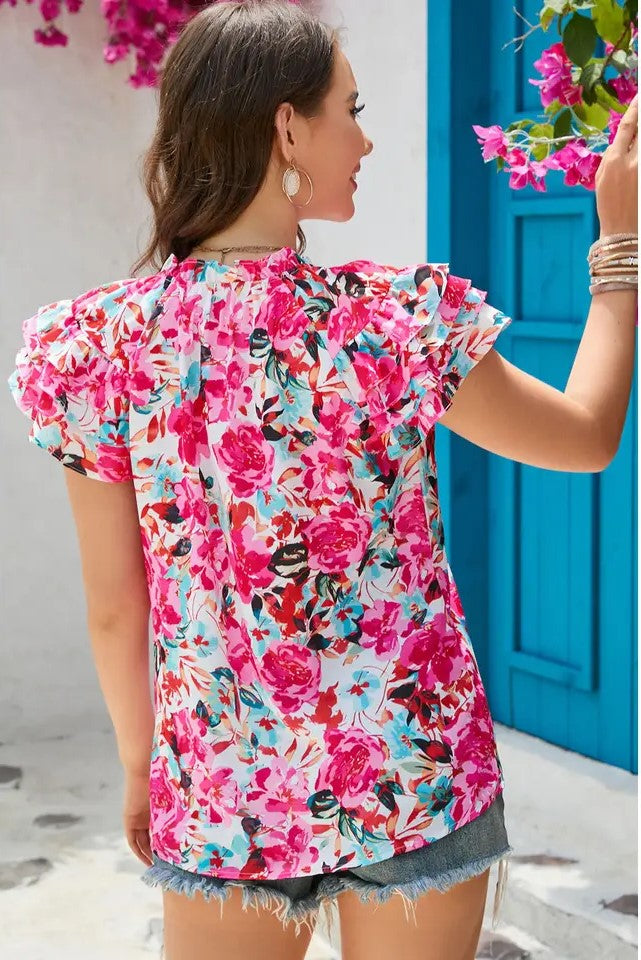 Women's Rose Floral Ruffle Sleeve Blouse