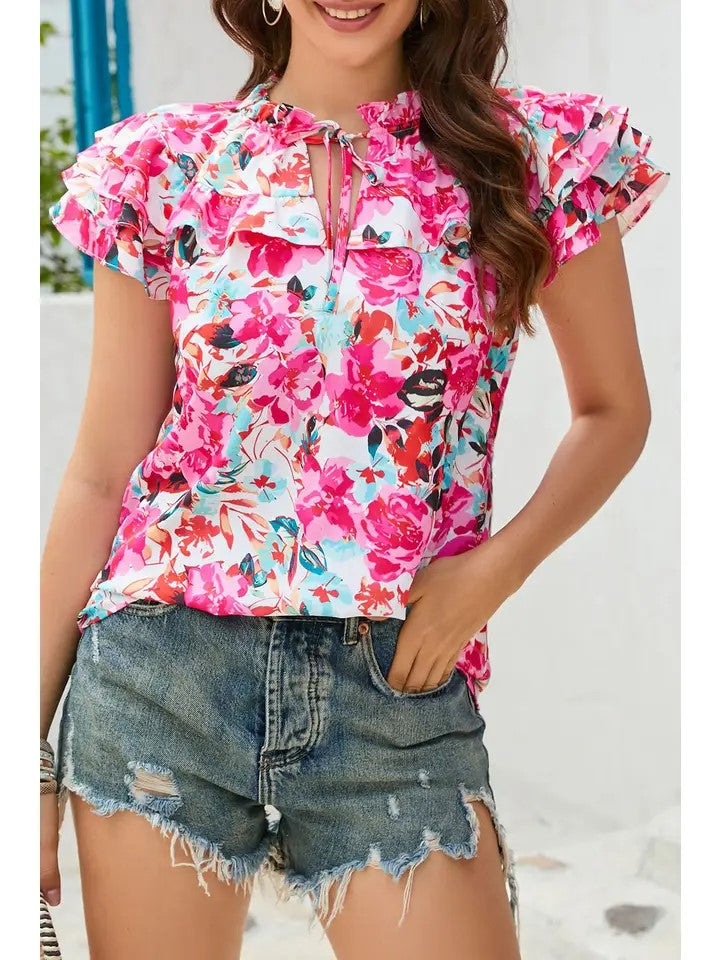 Women's Rose Floral Ruffle Sleeve Blouse