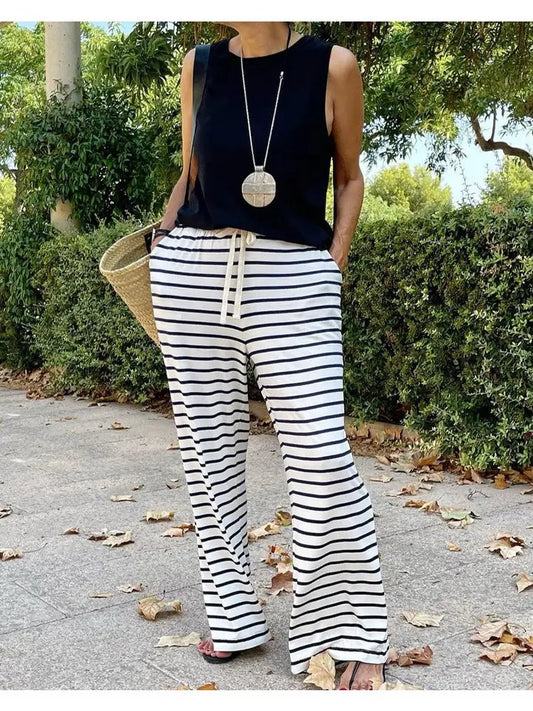 Women's Stripe Drawstring Wide Leg Pants