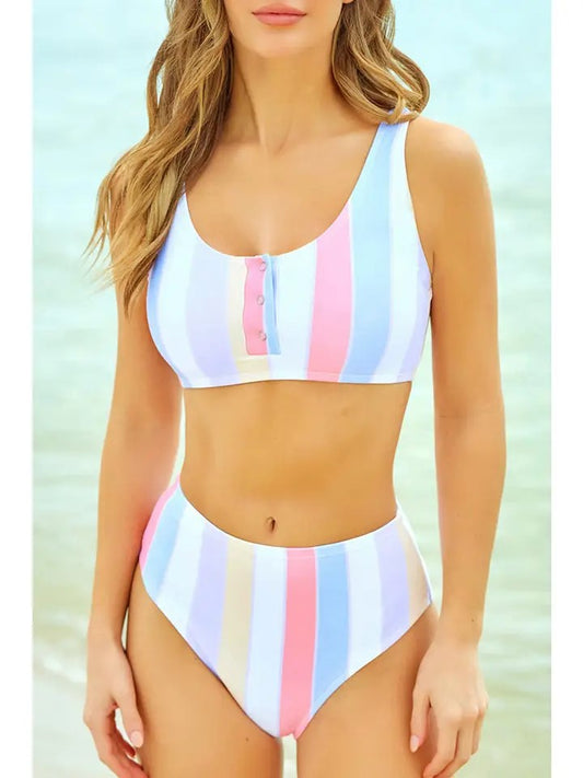 Women's Stripe Snap Buttons Two Piece Swimsuit