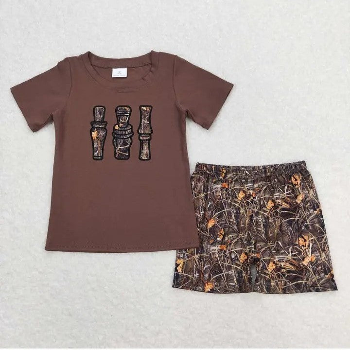 Youth Boys Brown Camo Duck Call Shirt and Camo Short Set