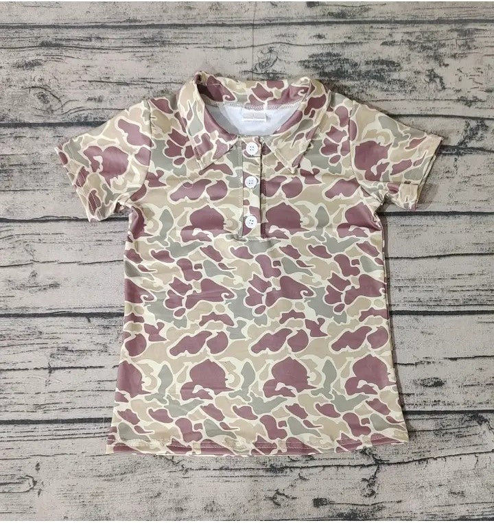 Youth Boys Green Camo Three Button Collared Top