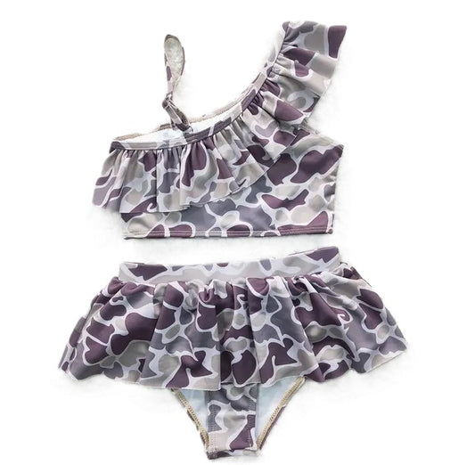 Youth Girls Grey Camo Ruffle 2-Piece Swimsuit