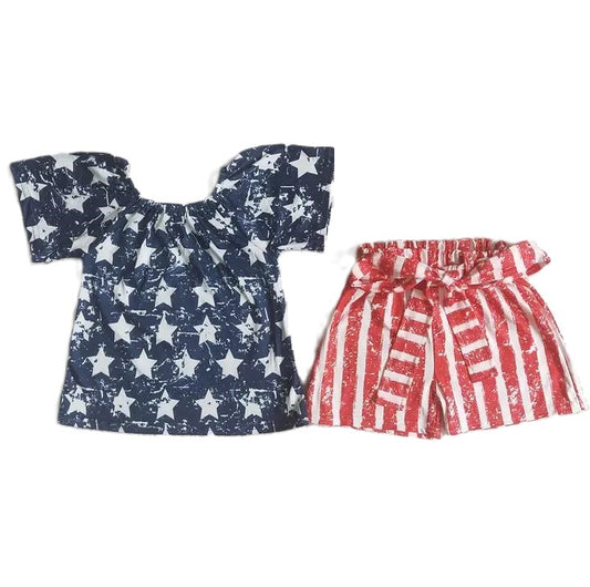 Youth Girls 4th of July Star Top Belt Shorts Set