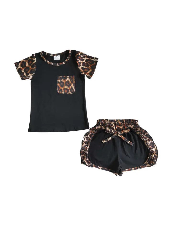 Youth Girls Black Leopard Short Set