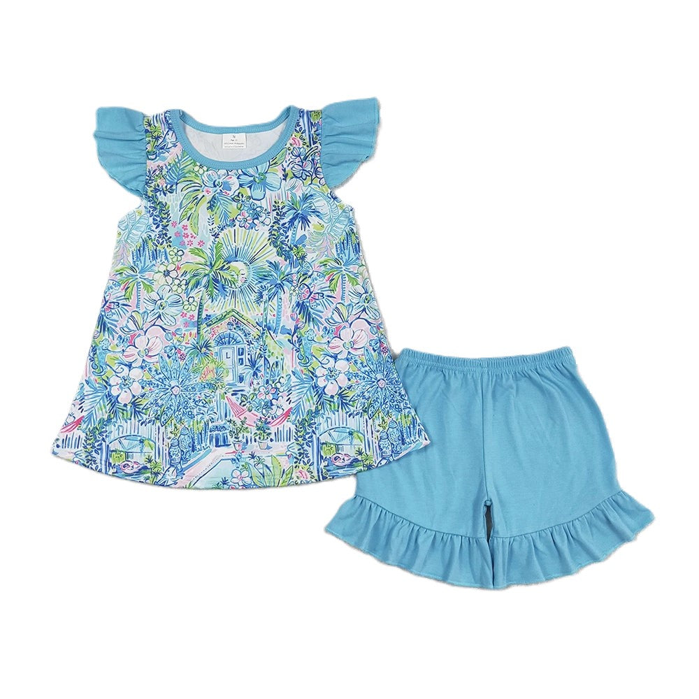 Youth Girls Blue Flower Ruffle Short Set