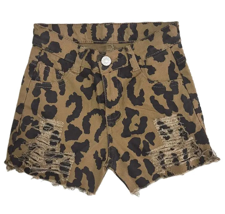 Youth Girls Leopard Distressed Shorts