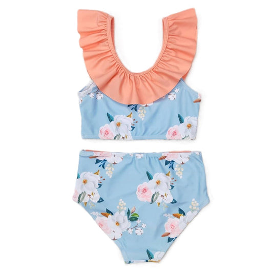 Youth Girls Blue Floral Ruffle Top 2-Piece Swimsuit