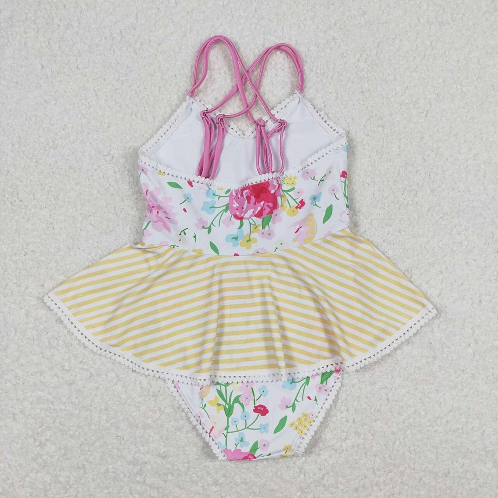 Youth Girls Pink Flower Yellow Stripe Ruffle One Piece Swimsuit