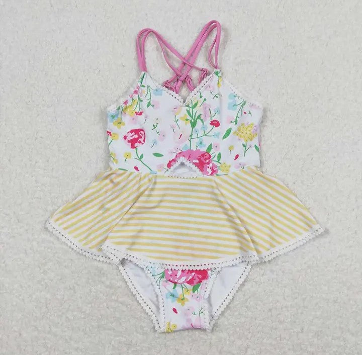 Youth Girls Pink Flower Yellow Stripe Ruffle One Piece Swimsuit