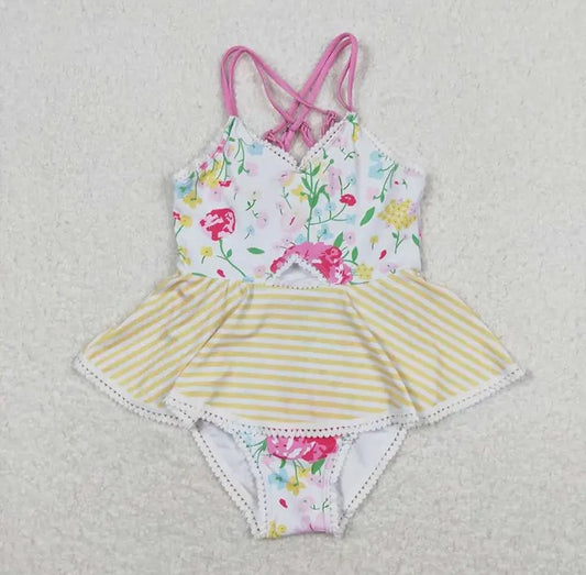 Youth Girls Pink Flower Yellow Stripe Ruffle One Piece Swimsuit