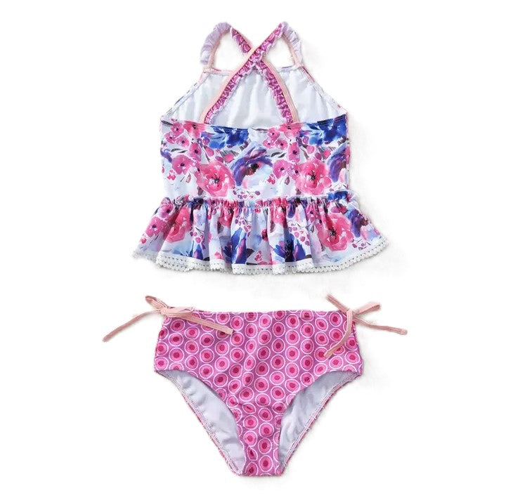 Youth Girls Blue and Pink Flowers 2-Piece Swimsuit